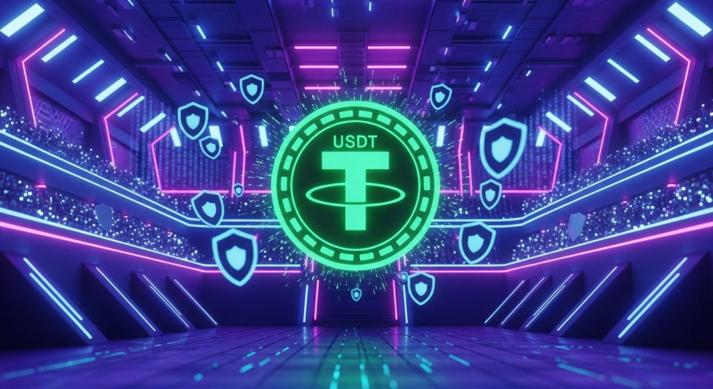 E스포츠 경기 화면과 블록체인 테더(USDT) 결제 아이콘이 결합된 보안 배팅 이미지